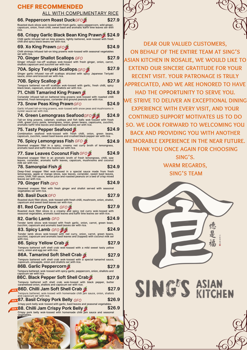 Menu, Sing's Asian Kitchen Rosalie