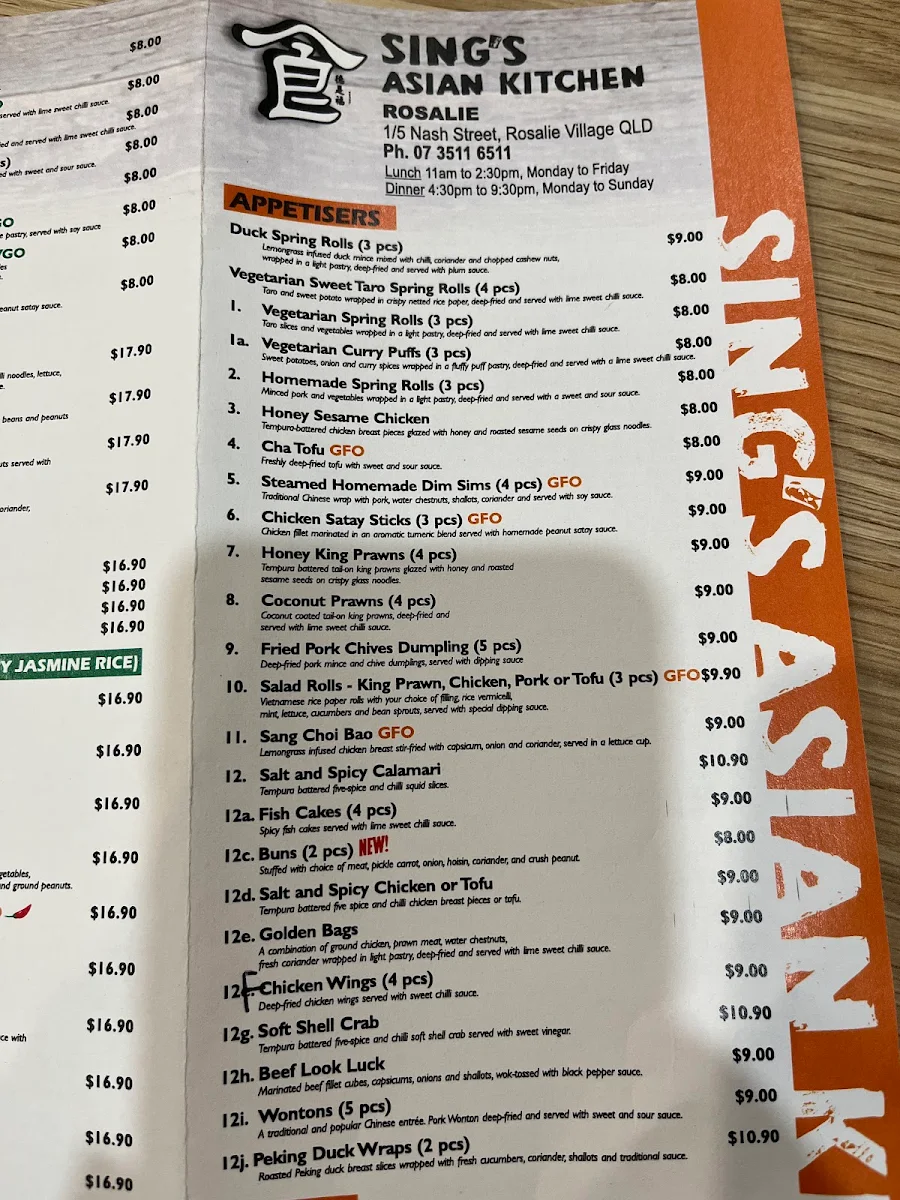 Menu, Sing's Asian Kitchen Rosalie