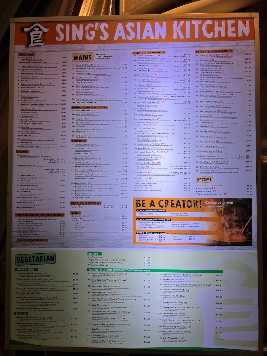 Menu, Sing's Asian Kitchen Rosalie