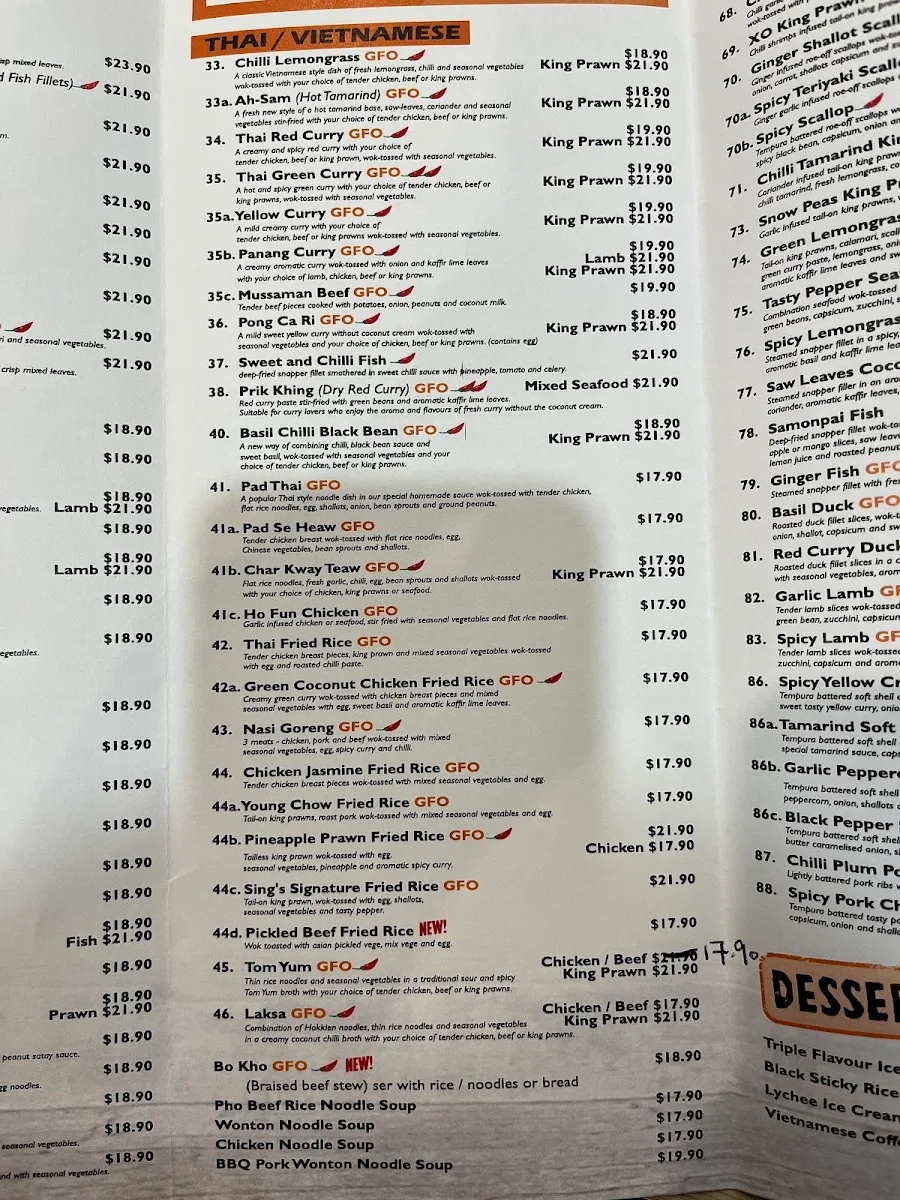 Menu, Sing's Asian Kitchen Rosalie