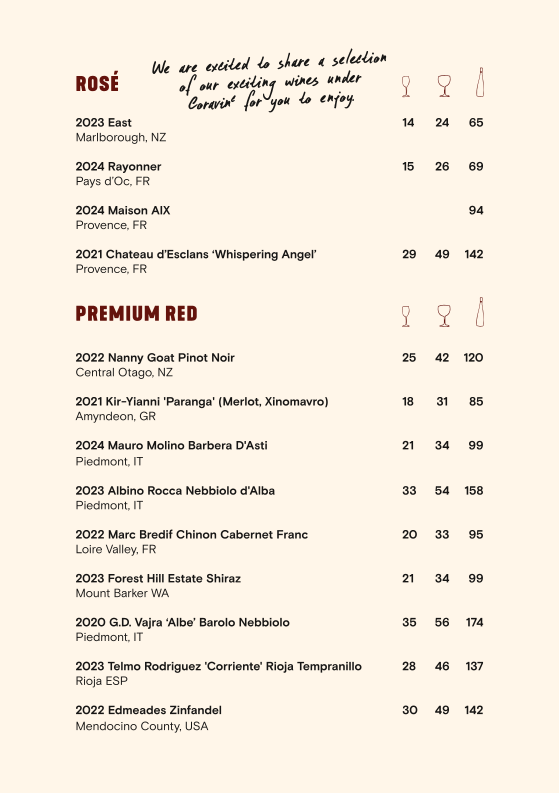 Menu, Paddo Inn