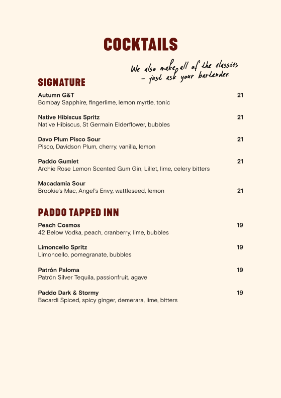 Menu, Paddo Inn