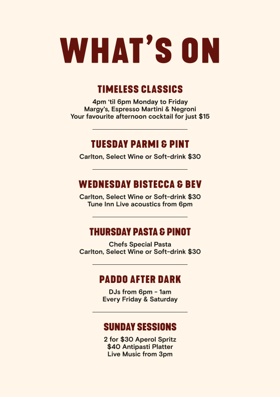 Menu, Paddo Inn