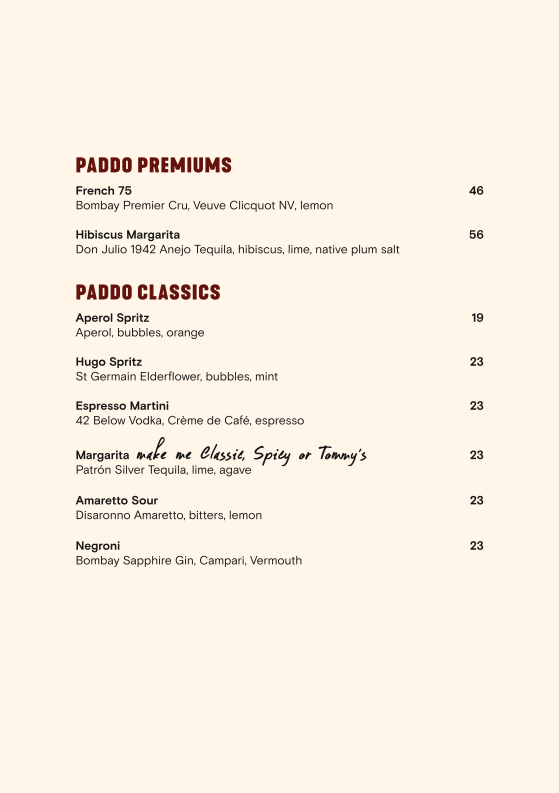 Menu, Paddo Inn