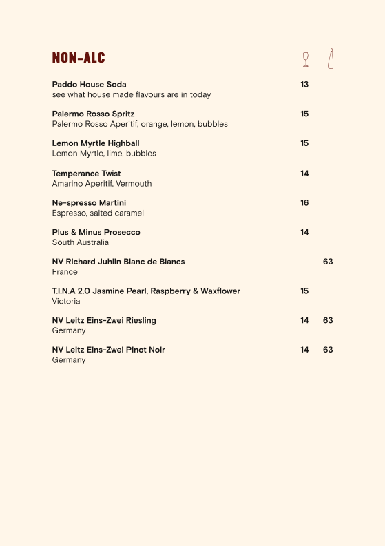 Menu, Paddo Inn