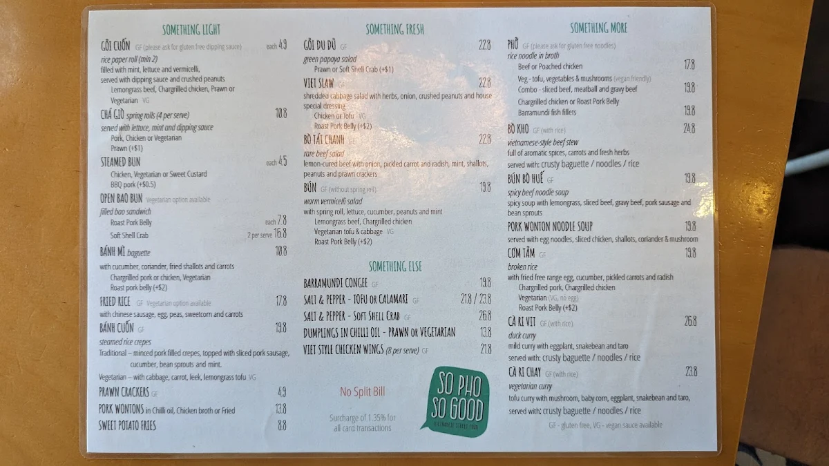 Menu, So Pho So Good