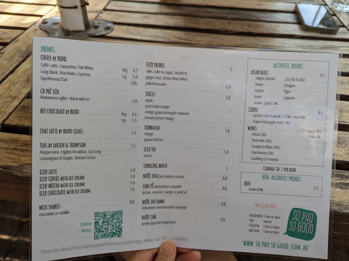 Menu, So Pho So Good