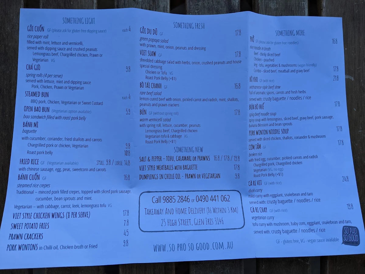 Menu, So Pho So Good