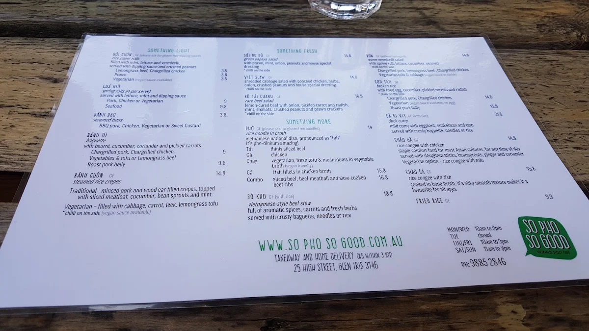 Menu, So Pho So Good