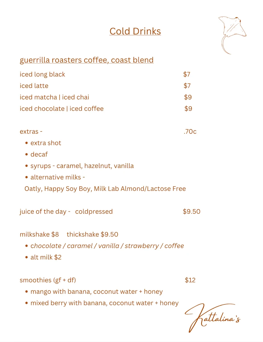 Menu, Kattalinas On the Marina