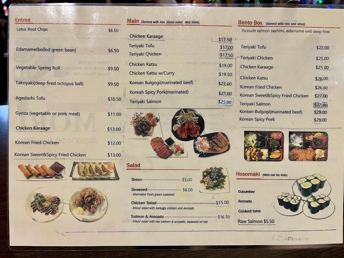 Menu, Mori Japanese & Korean Cuisine