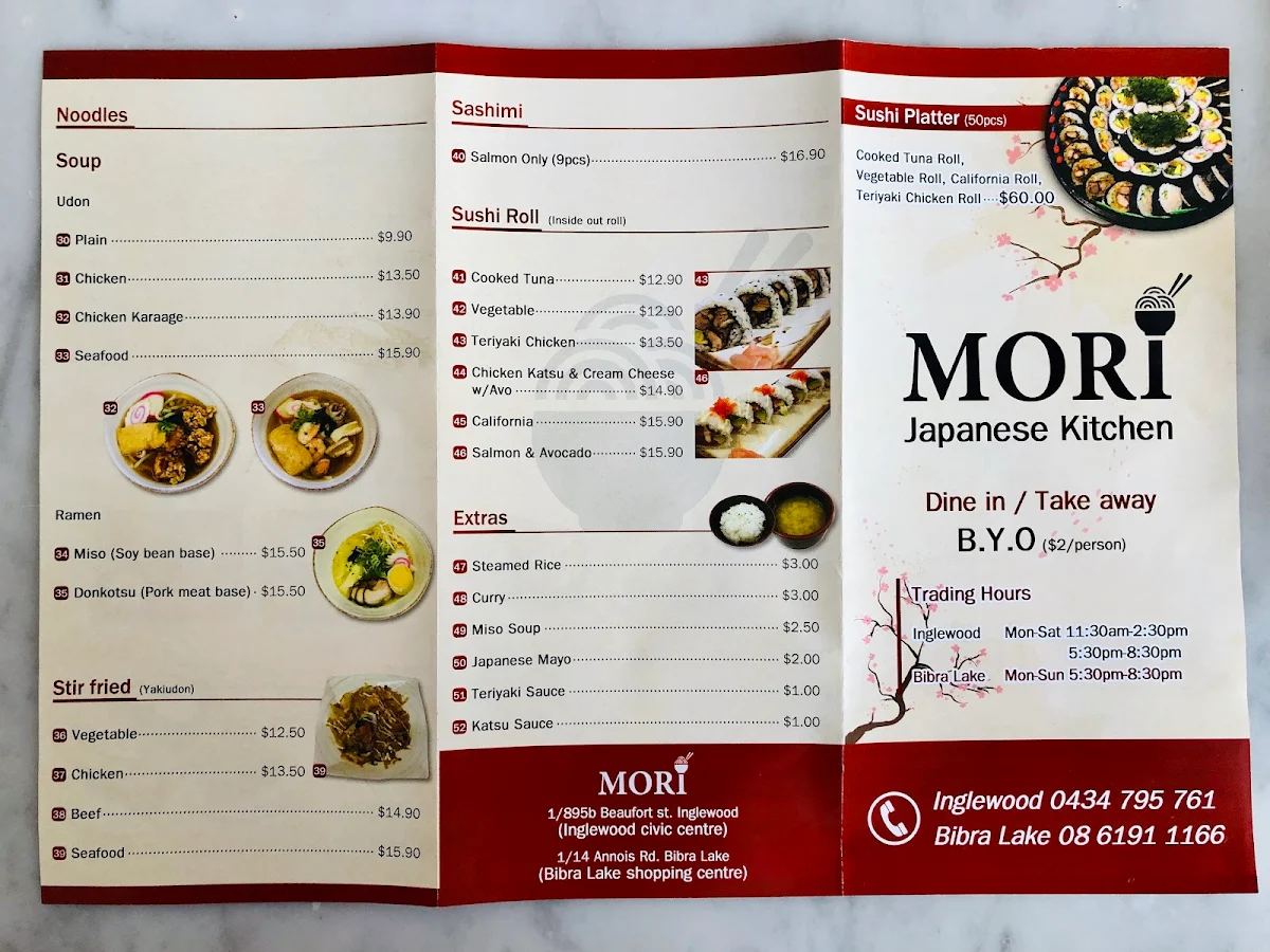 Menu, Mori Japanese & Korean Cuisine