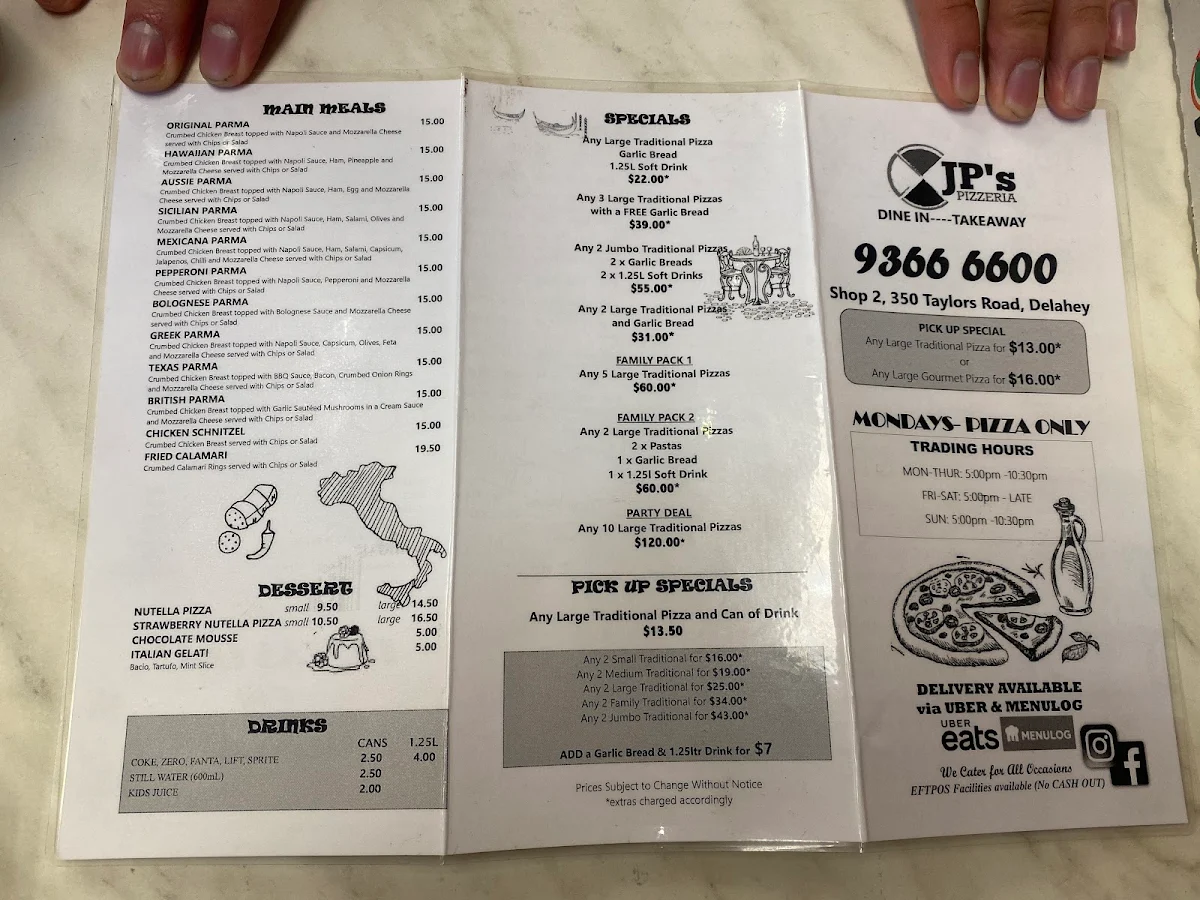 Menu, Parmelia Pizza (Delahey)