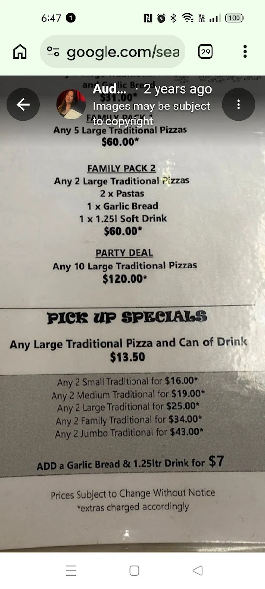 Menu, Parmelia Pizza (Delahey)