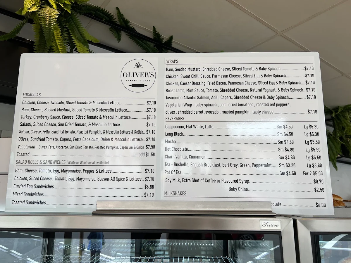 Menu, Olivers Bakery & Cafe
