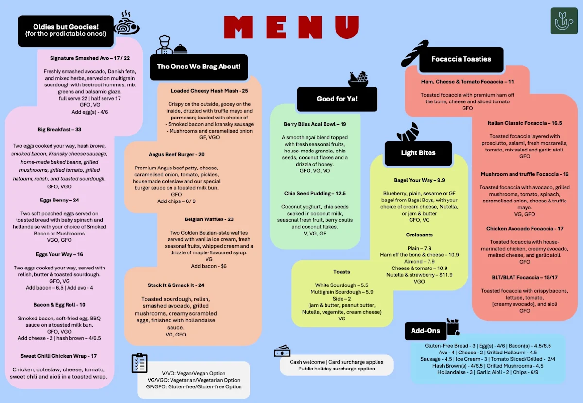 Menu, Friends & Flowers Cafe
