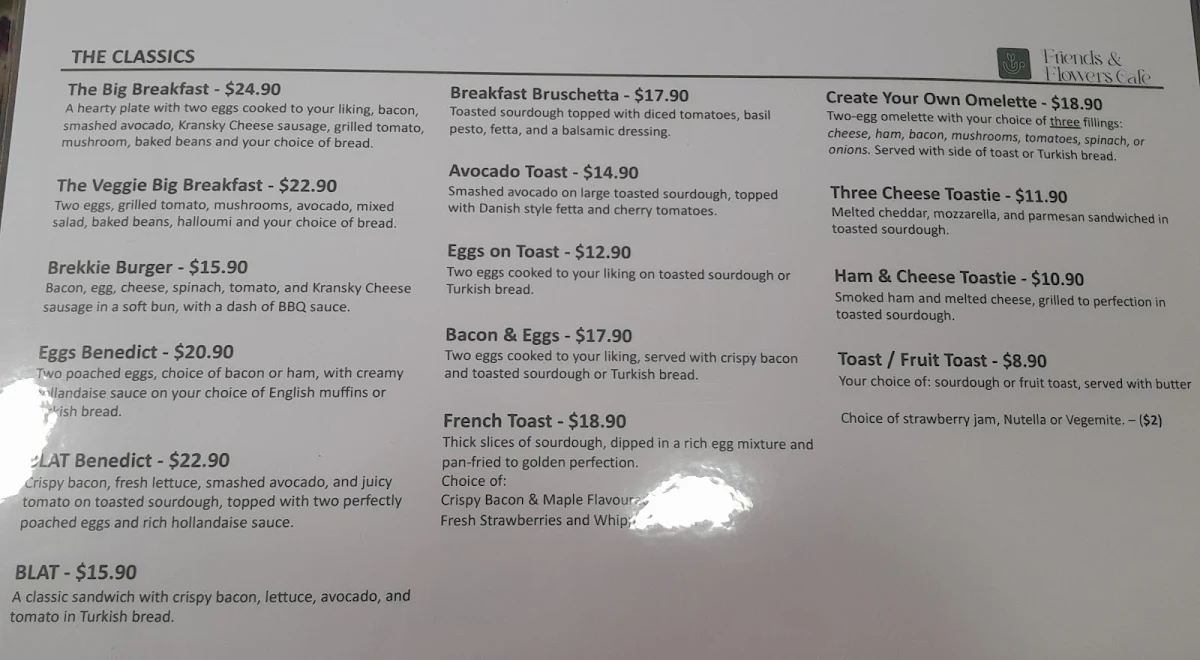 Menu, Friends & Flowers Cafe