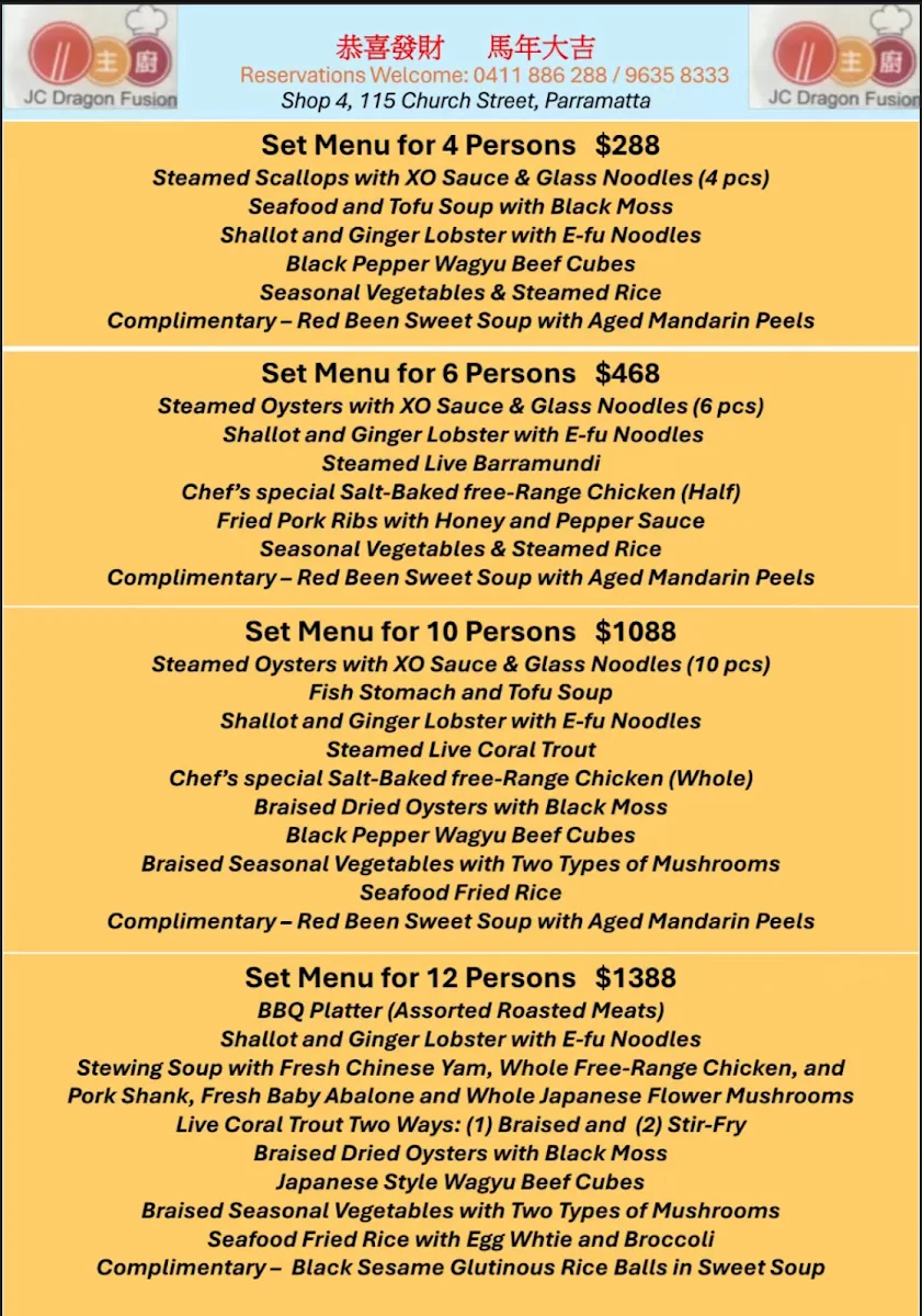 Menu, JC Dragon Fusion