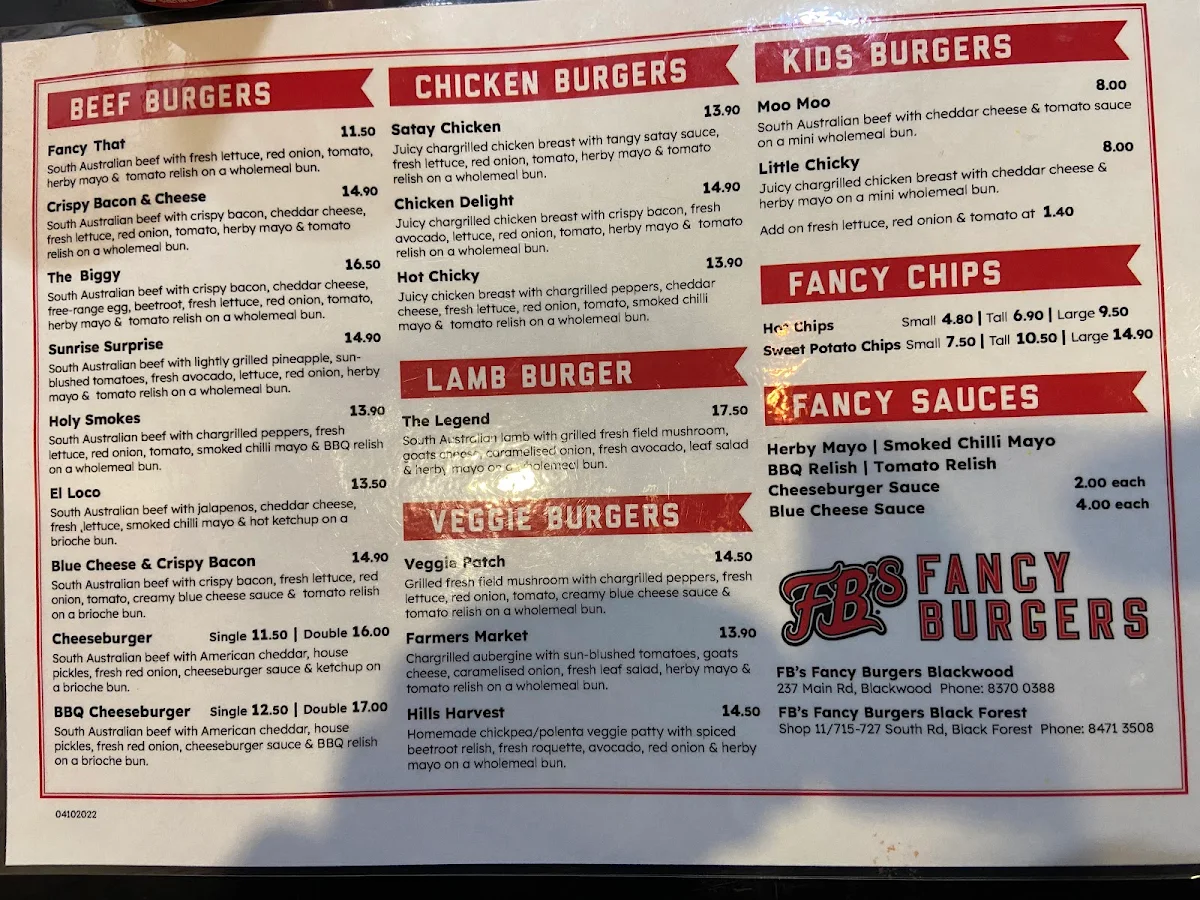 Menu, FB's Fancy Burgers