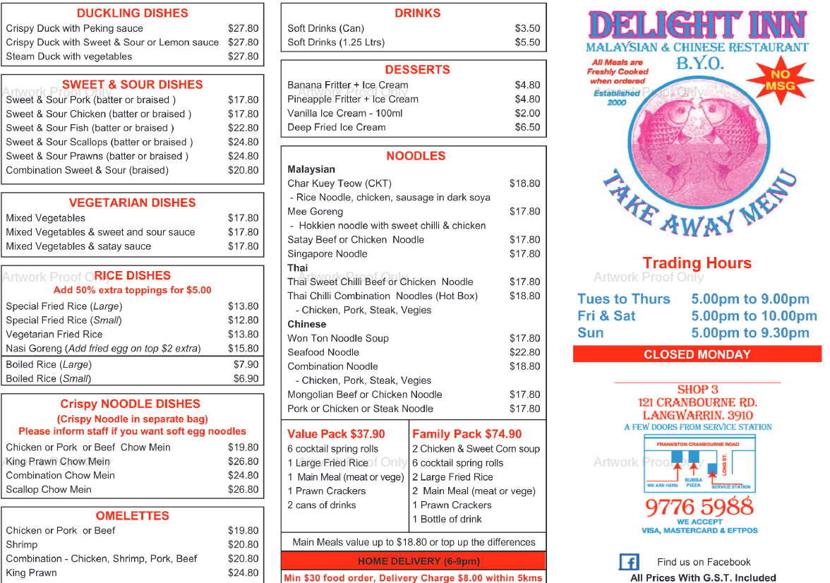 Menu, Delight Inn