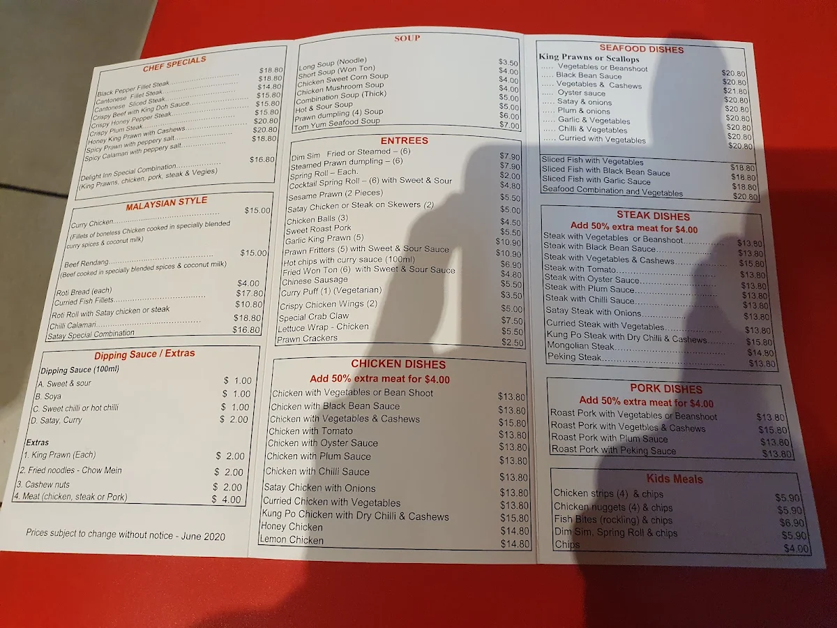 Menu, Delight Inn