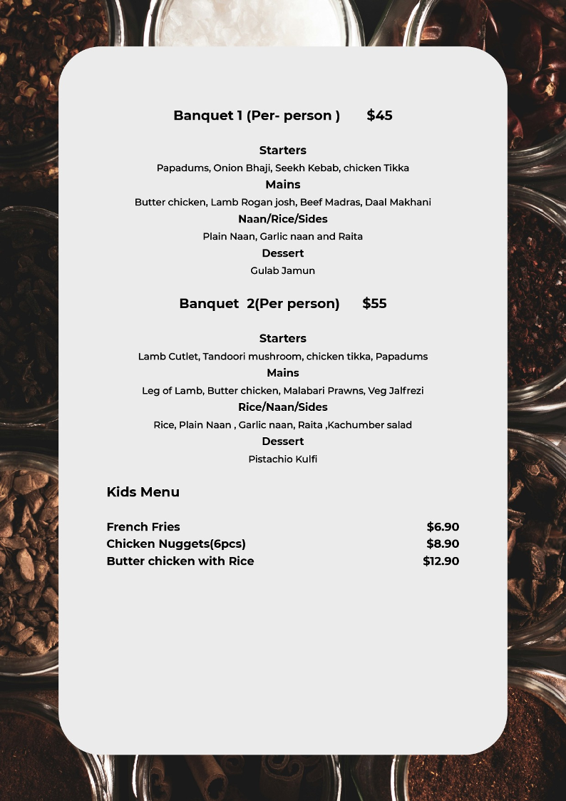 Menu, Amber Spice