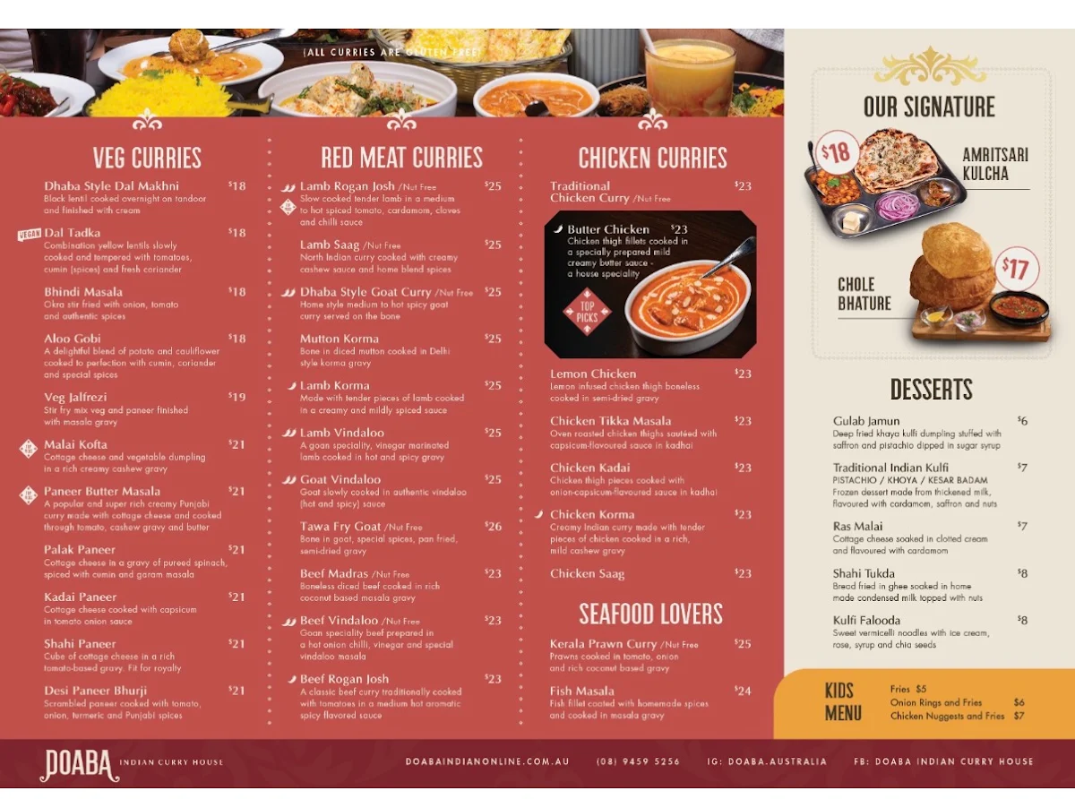 Menu, Doaba Indian Curry House