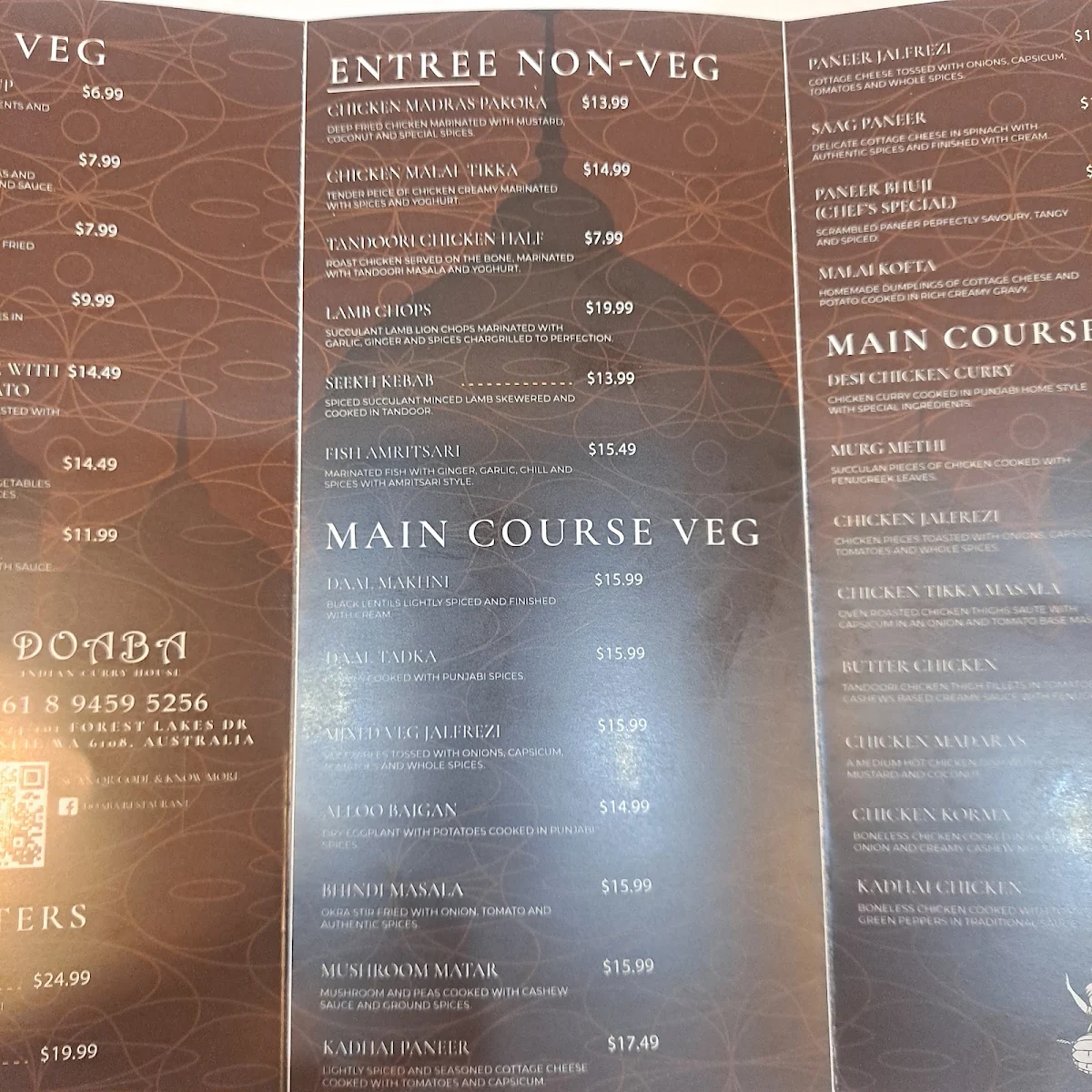 Menu, Doaba Indian Curry House