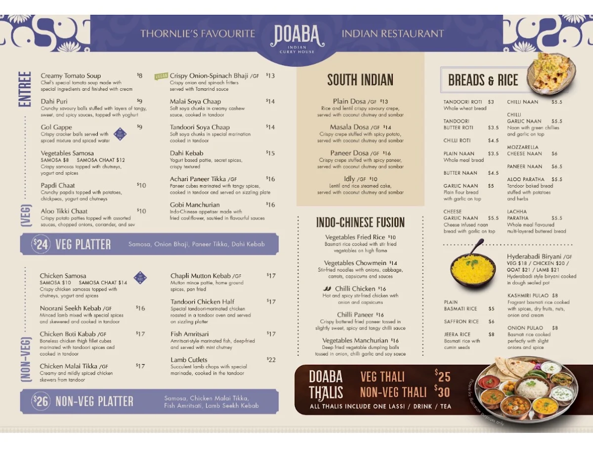 Menu, Doaba Indian Curry House