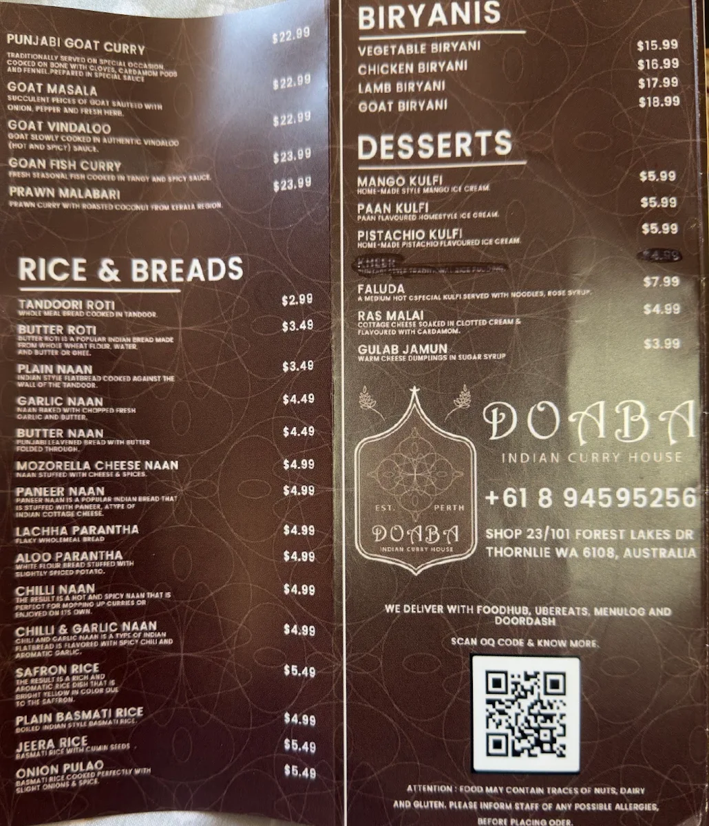 Menu, Doaba Indian Curry House