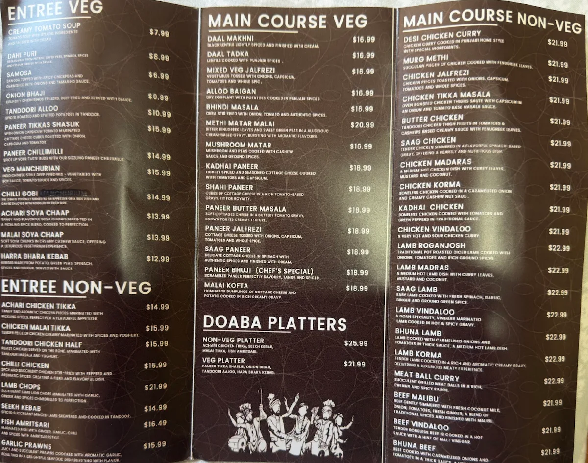 Menu, Doaba Indian Curry House