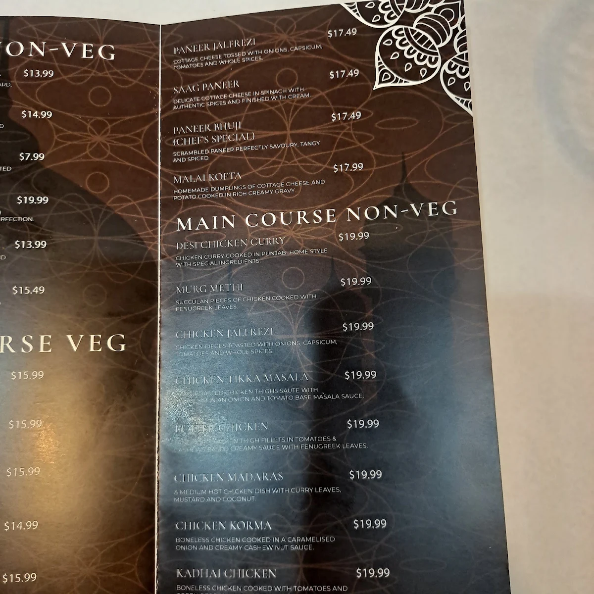 Menu, Doaba Indian Curry House