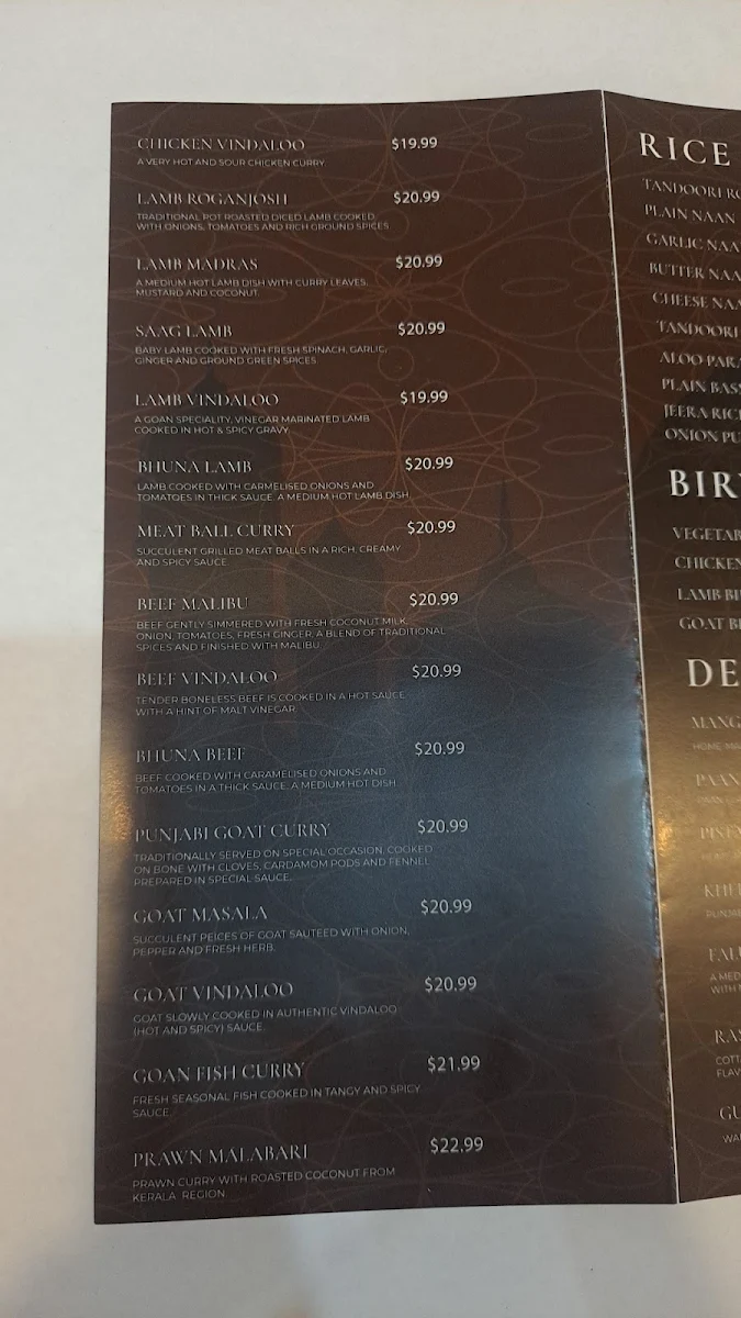 Menu, Doaba Indian Curry House