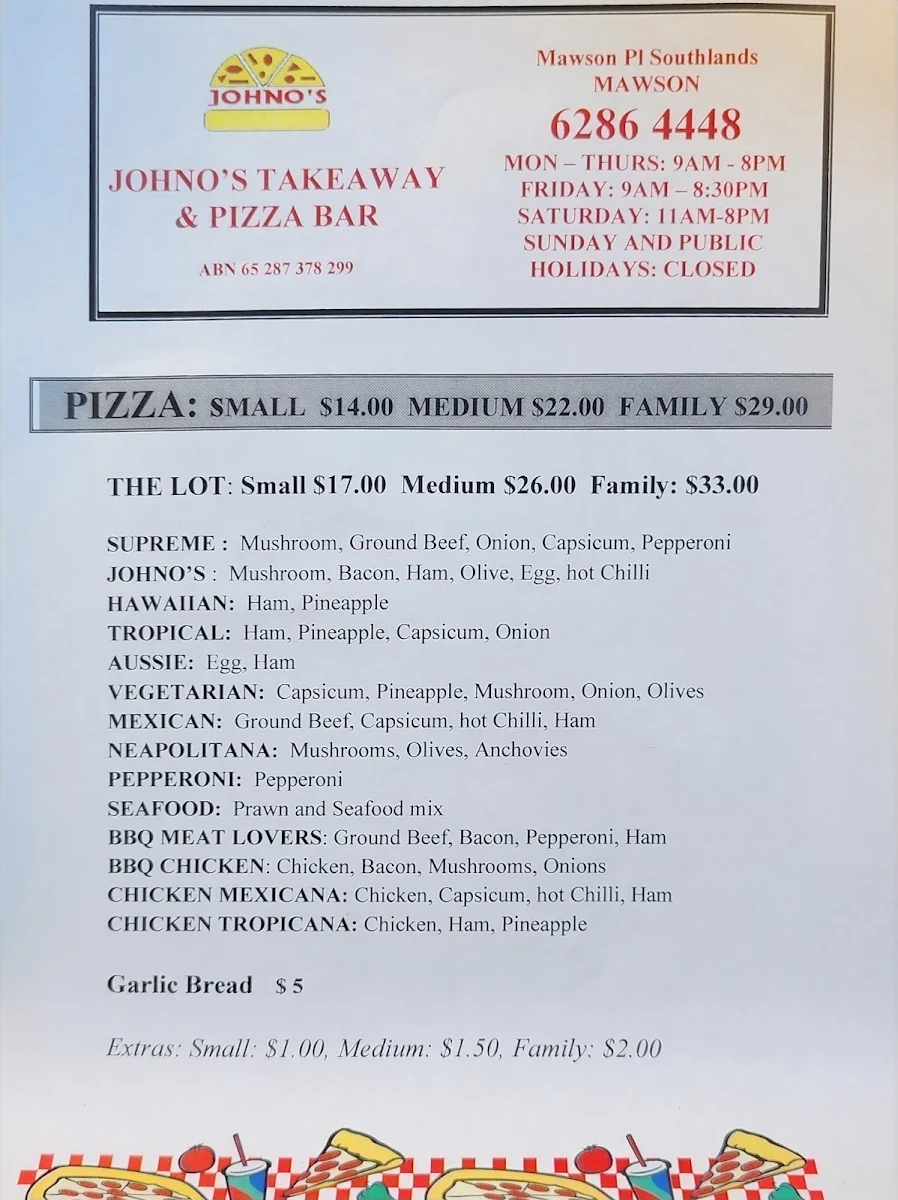 Menu, Johno's Takeaway And Pizza Bar