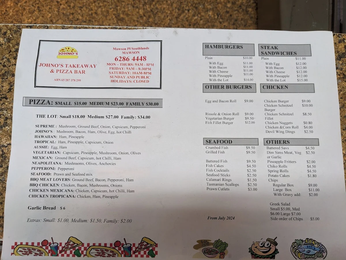 Menu, Johno's Takeaway And Pizza Bar