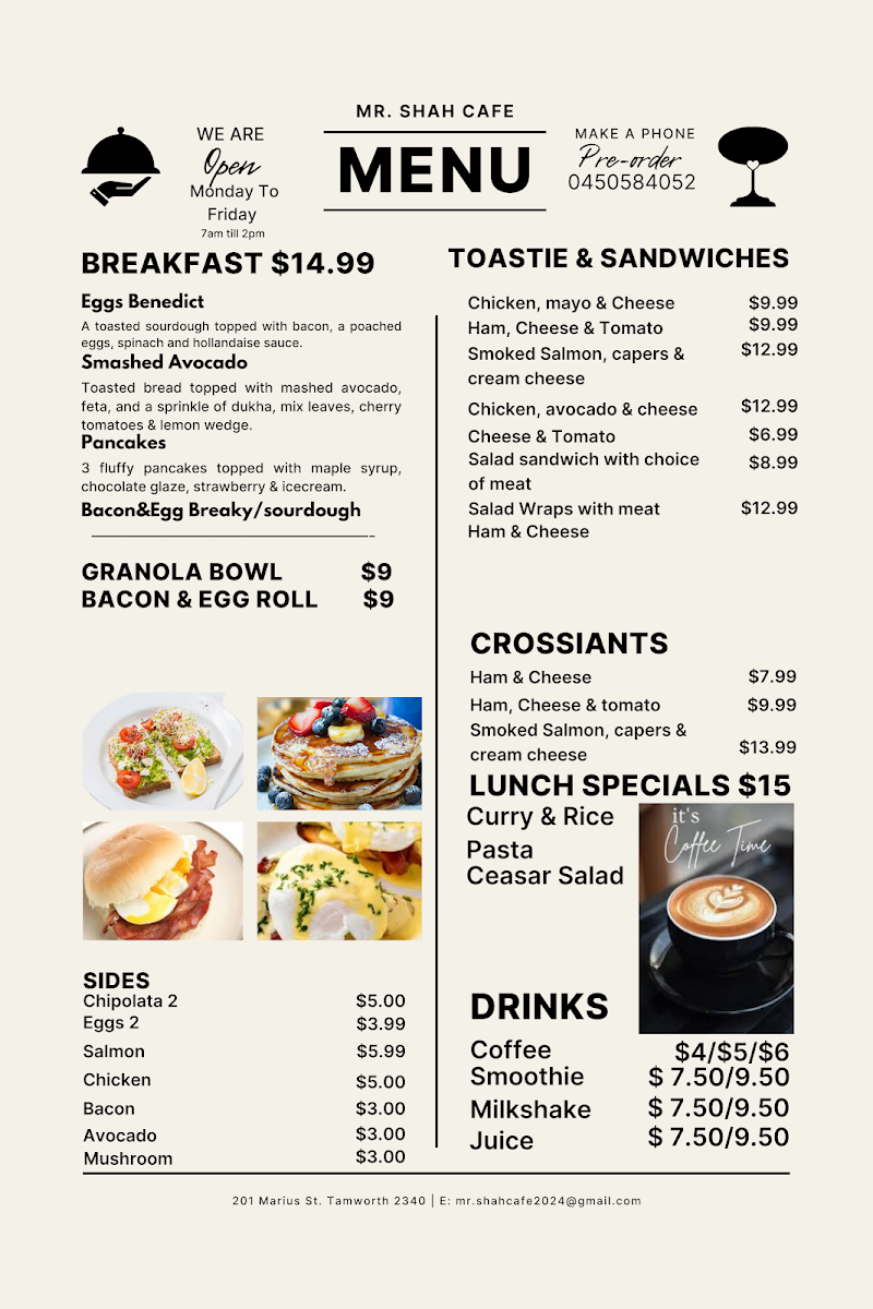 Menu, MR. SHAH’s CAFE