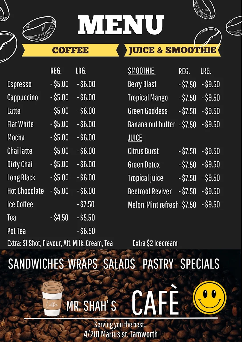 Menu, MR. SHAH’s CAFE