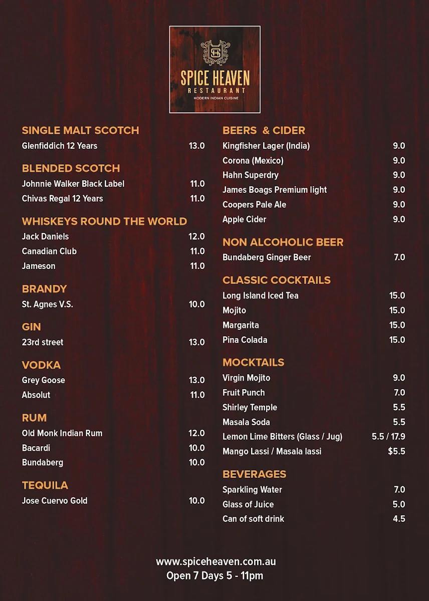Menu, Spice Heaven Indian Restaurant