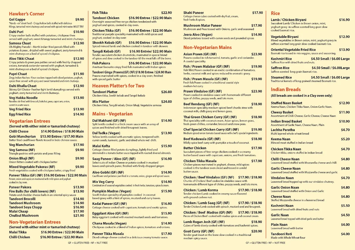 Menu, Spice Heaven Indian Restaurant