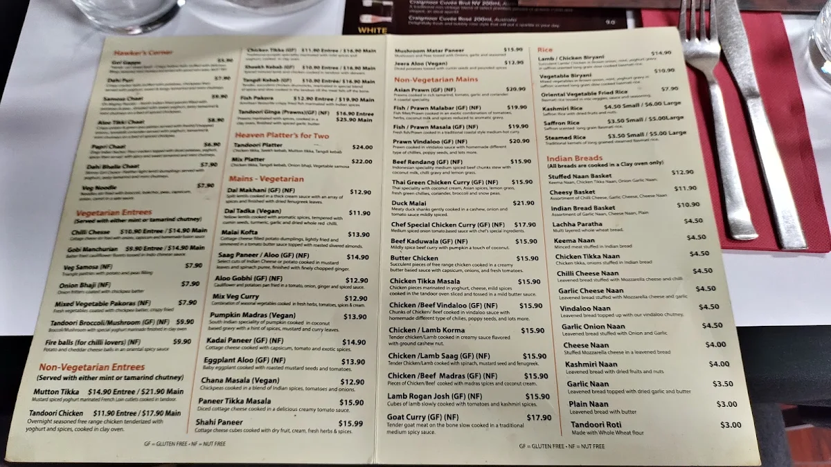 Menu, Spice Heaven Indian Restaurant