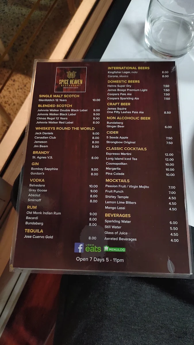 Menu, Spice Heaven Indian Restaurant