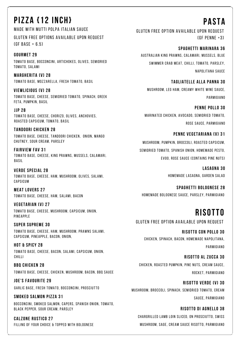 Menu, Cafe Verde Pizzeria