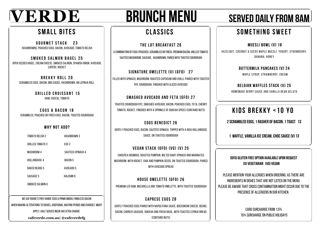 Menu, Cafe Verde Pizzeria