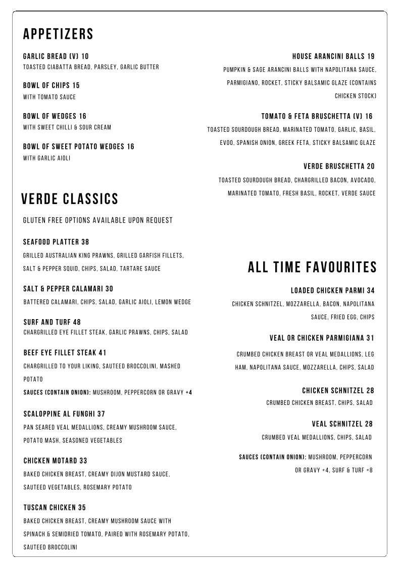 Menu, Cafe Verde Pizzeria