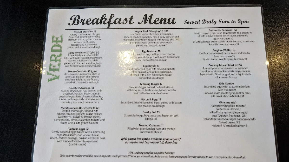 Menu, Cafe Verde Pizzeria