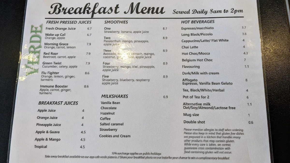 Menu, Cafe Verde Pizzeria