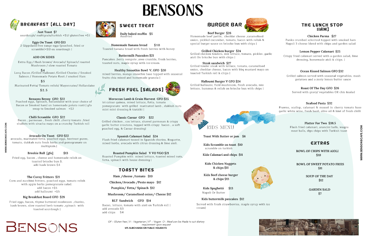 Menu, Bensons Café And Restaurant