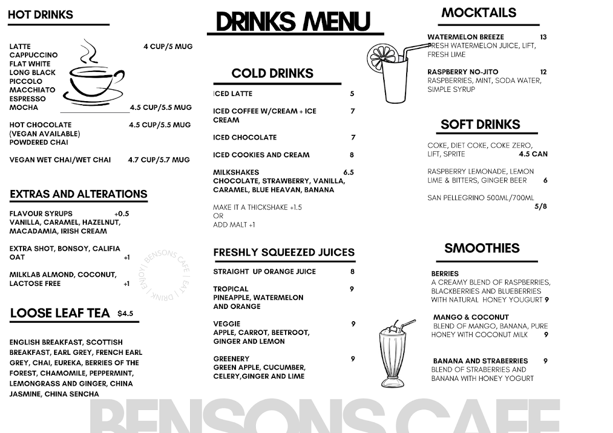 Menu, Bensons Café And Restaurant