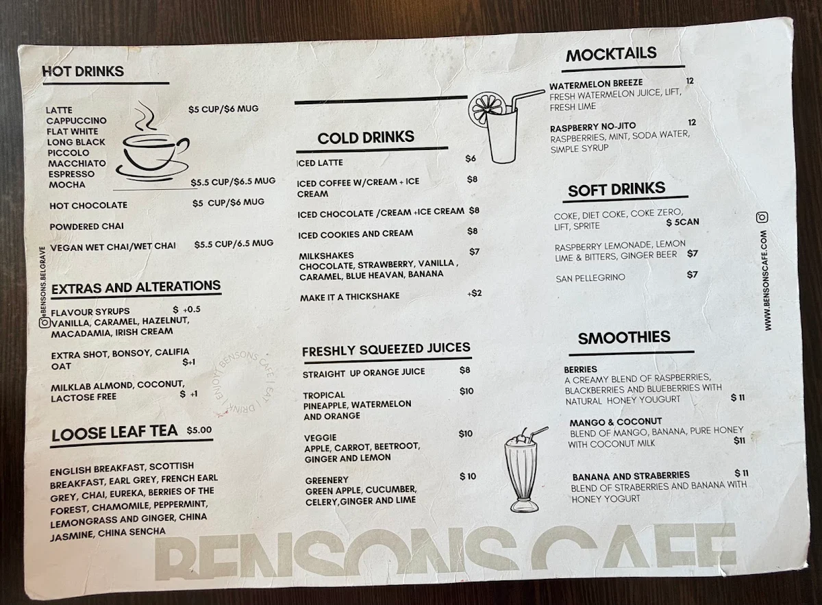 Menu, Bensons Café And Restaurant