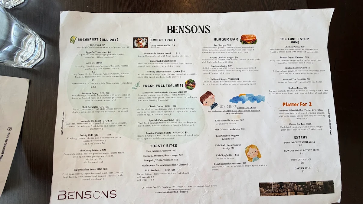 Menu, Bensons Café And Restaurant